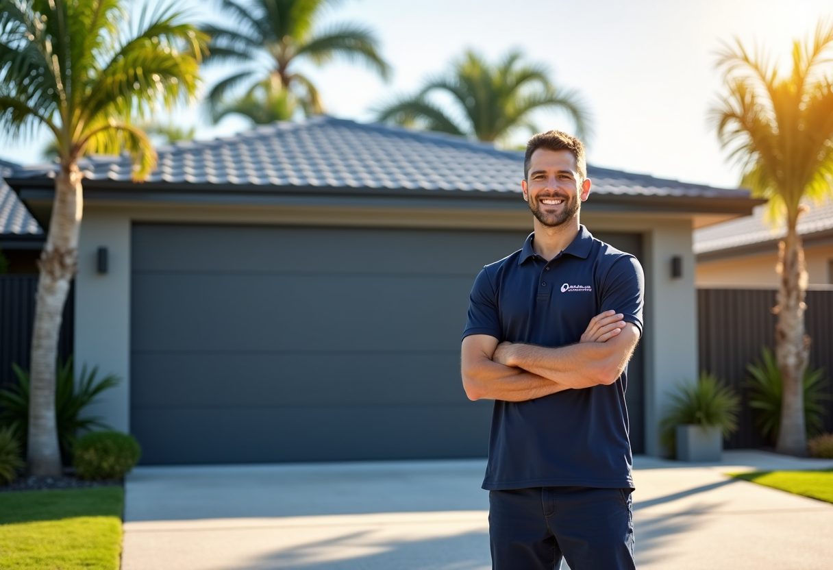 Technician beside a newly installed sectional garage door — Chermside